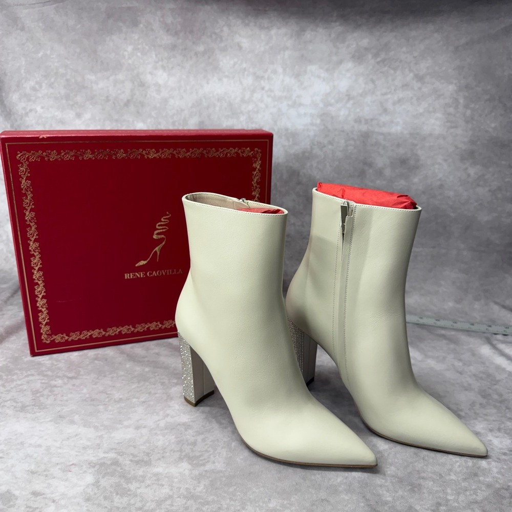 Rene Caovilla Nina Ivory Calf Leather Strass Crystal Heel Ankle Boots 38 NEW - Picture 2 of 9